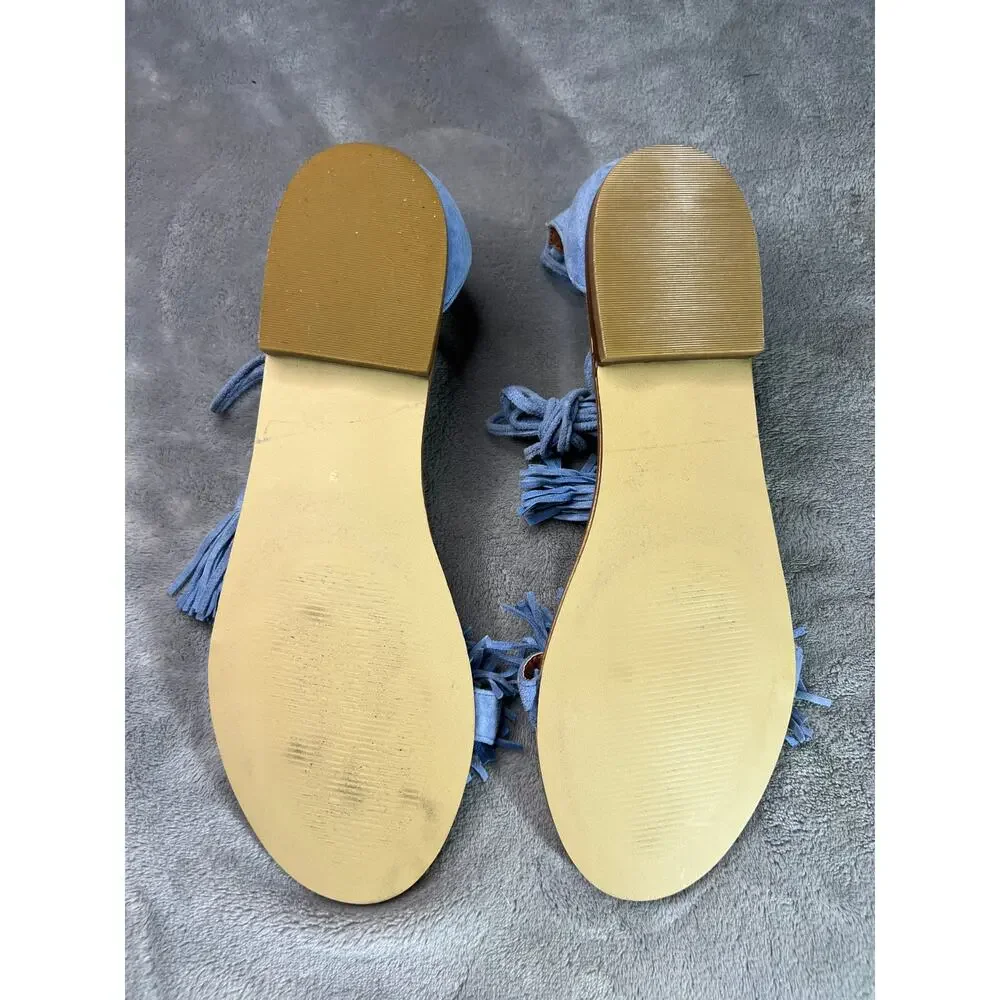 Steve Madden Fringly Blue Suede Fringe Lace-Up Ankle Wrap Sandals 9M